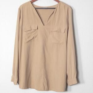 J. Jill Silk Blouse Long Sleeve Split Neck Neutral Beige Size M Quiet Luxury
